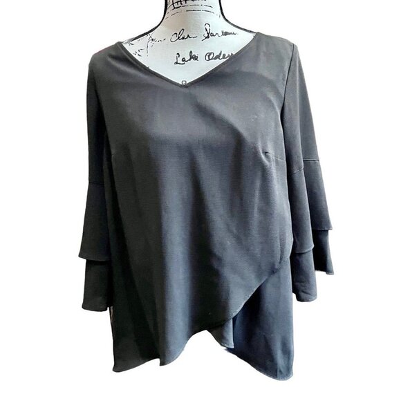 ALYX Women's Size MD Black Layered Blouse Tunic w/ 3/4 Bell Sleeve Stretch - Picture 2 of 4